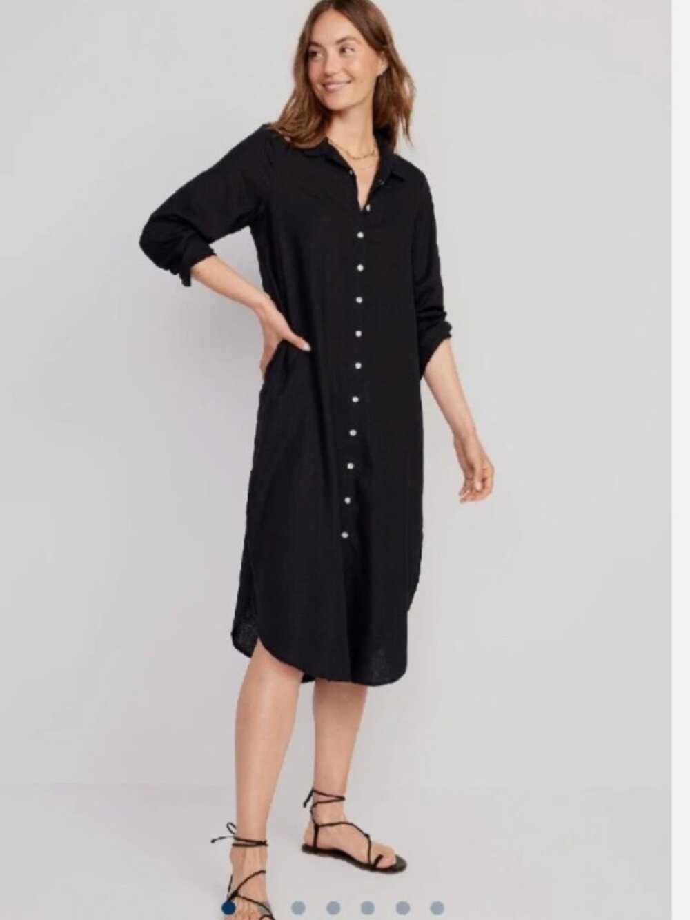 NEW Women's TALL Long Sleeve Maxi Length Linen Shirt Dress Black Pockets Large